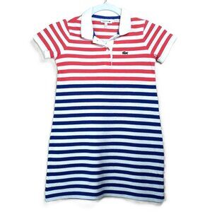 Lacoste Girl's Striped Polo Dress 8 Cotton Knit Red White Blue